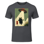 Vintage Japanese Cat Alien Cat Dad UFO Abduction Graphic Tee T-Shirt in Charcoal - front view