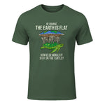Flat Earth Society T Shirt Turtle Elephants Men Women Gift in Military Green - front view
