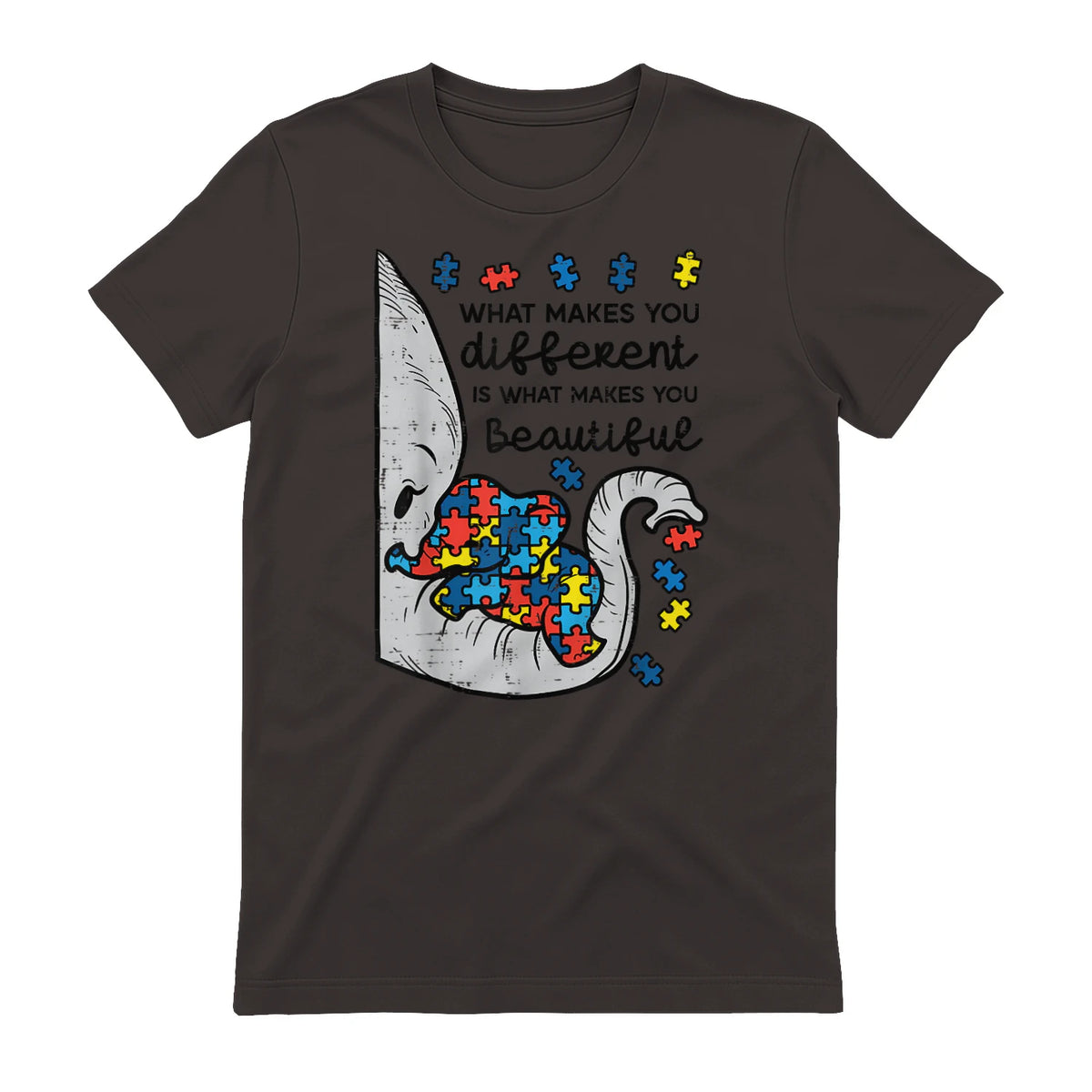 What Makes You Different Autism Awareness T-Shirt in Dark Chocolate - back view