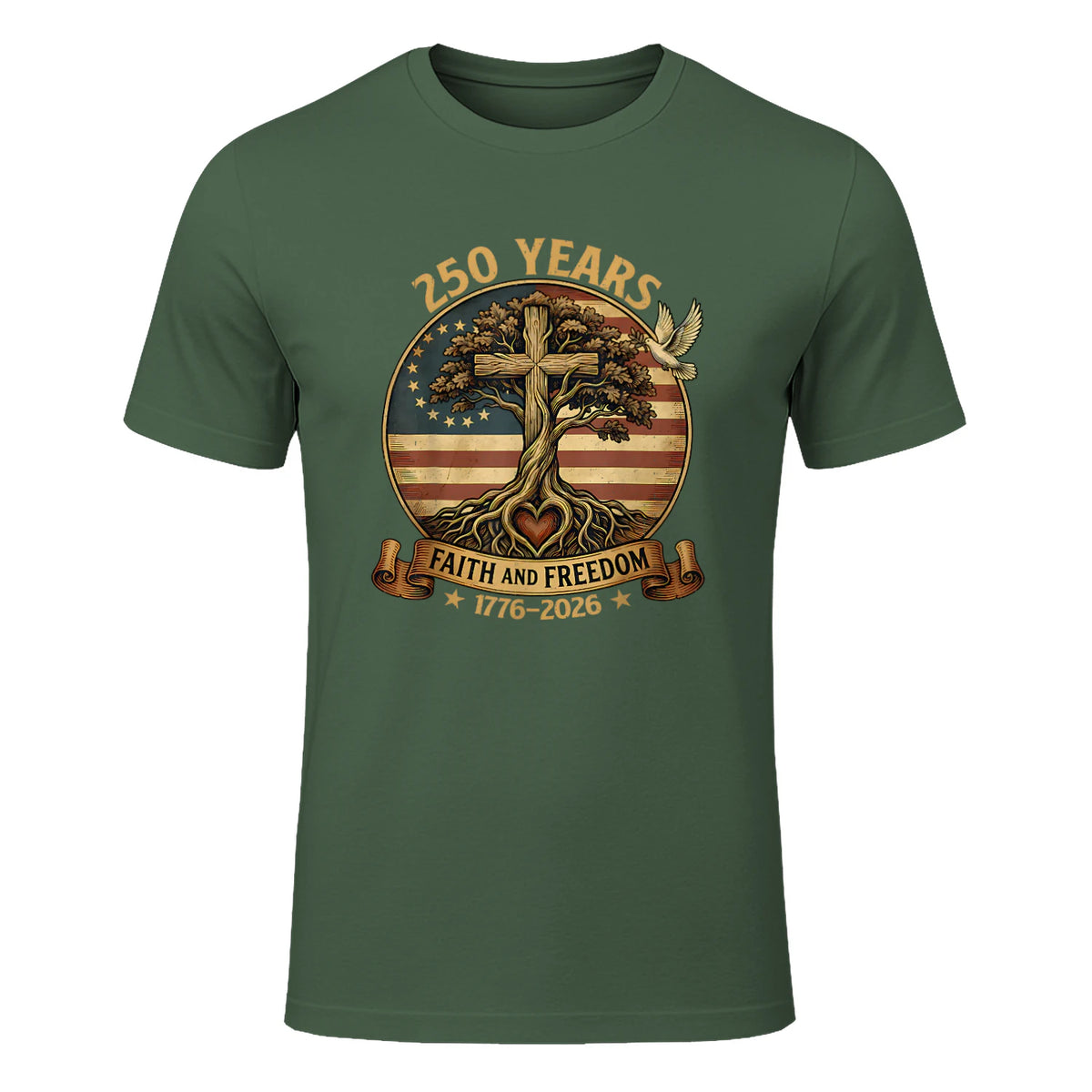 Faith and Freedom Christian USA Anniversary T-Shirt in Military Green - front view