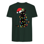 Santa Black Cat Tangled Up In Christmas Tree Lights Holiday in Forest Green - back view