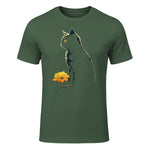 Cat Artwork - Flowers Art Cat Motif Animal Cat T-Shirt in Military Green - front view