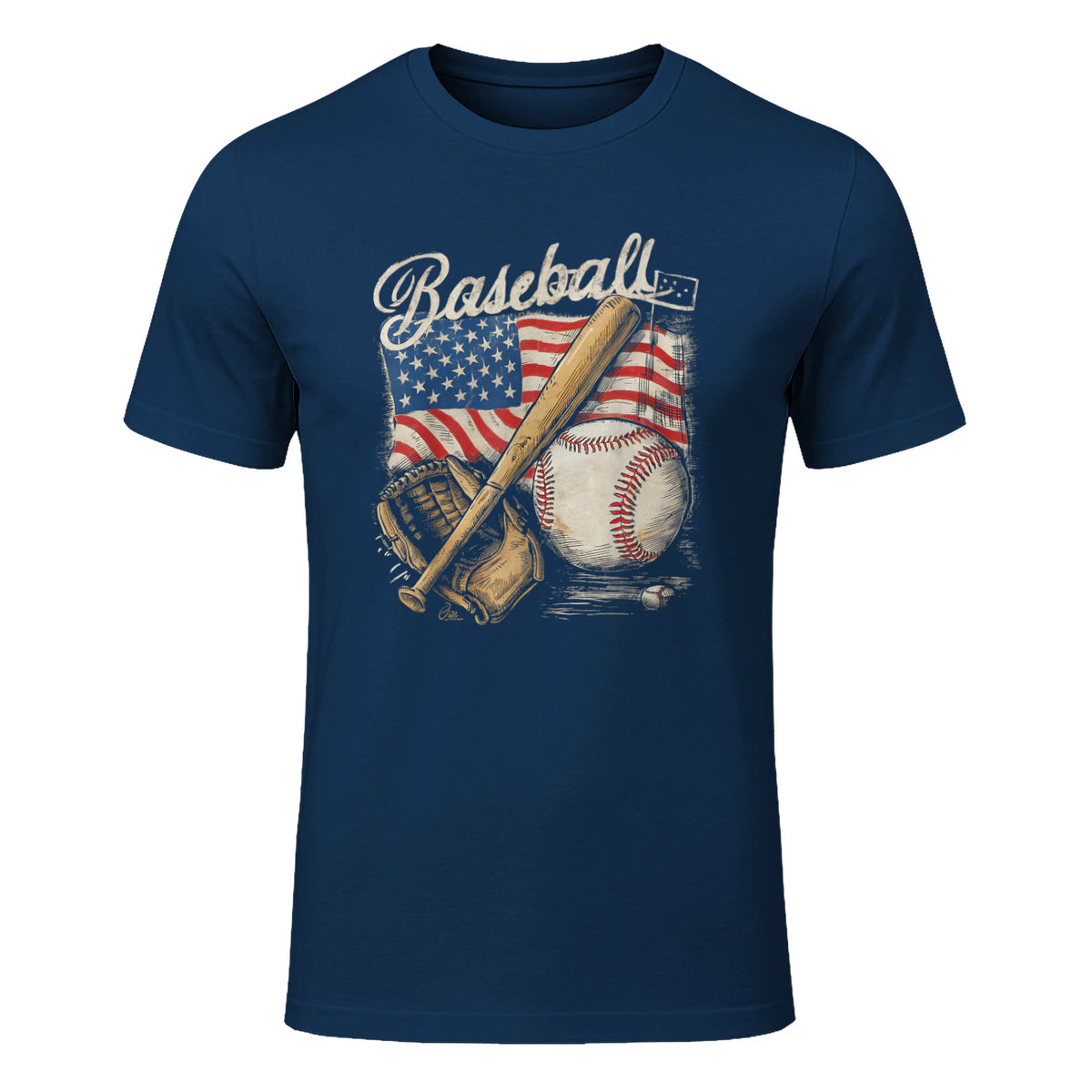American Flag Baseball Player Bat Fan Catcher Pitcher USA T-Shirt in Navy - front view