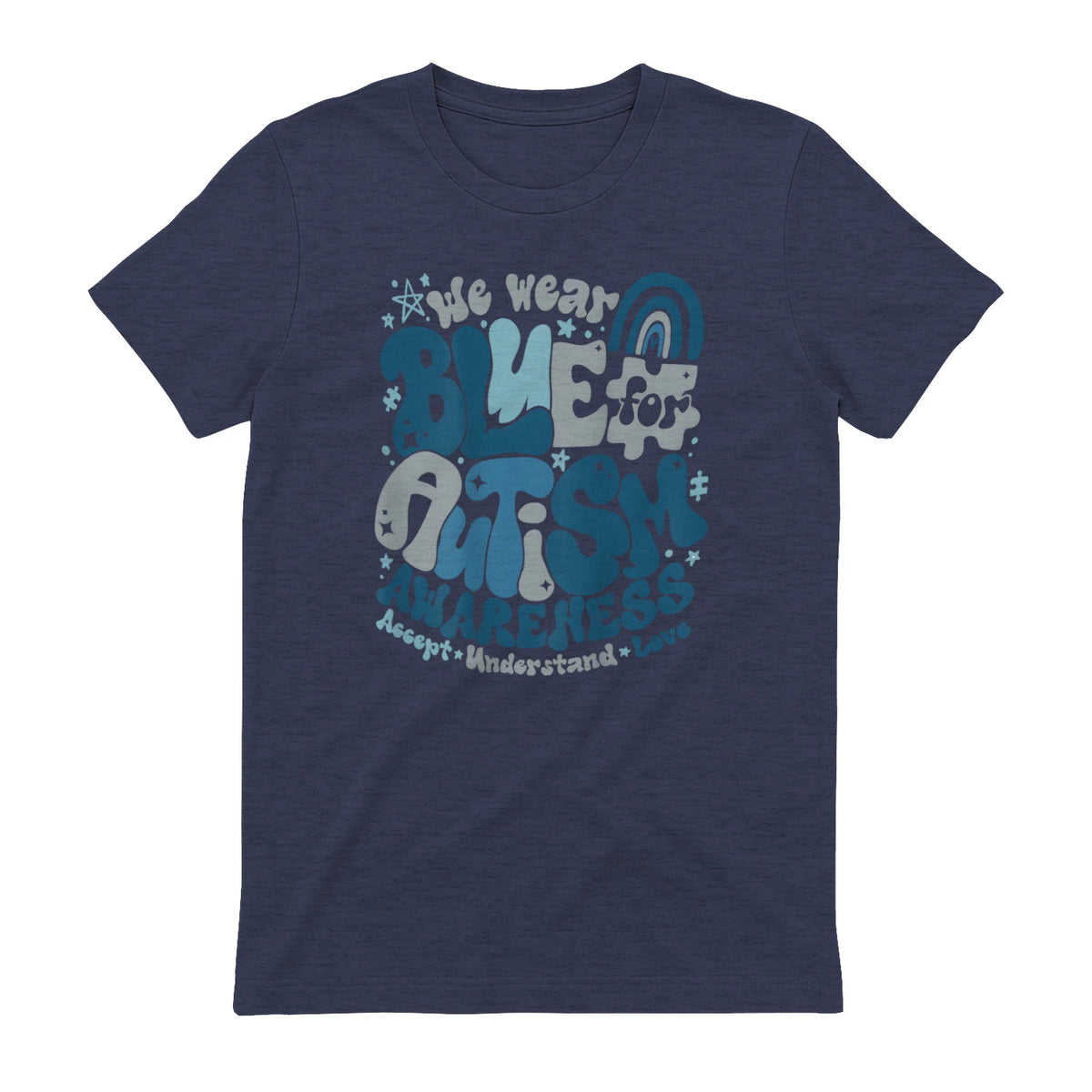 In April We Wear Blue Autism Awareness T-Shirt in Heather Navy - back view
