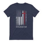 Christian US USA Flag American Christ Faith Over Fear Cross T-Shirt in Heather Navy - back view