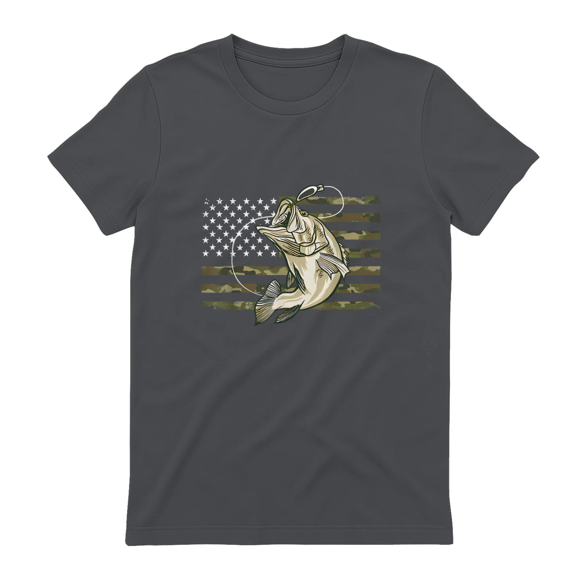 Fishing Camouflage US American Flag Bass Fish Fisherman Camo T-Shirt in Charcoal - back view