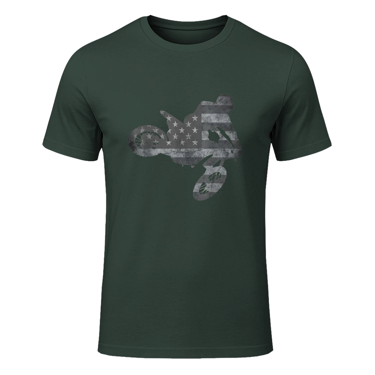 Dirt Bike American Flag T-Shirt Motocross Enduro Shirt T-Shirt in Forest Green - front view