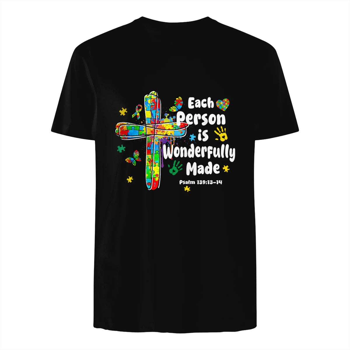 Each Person Is Wonderfully Made Christian Autism Bible Verse in Black - back view