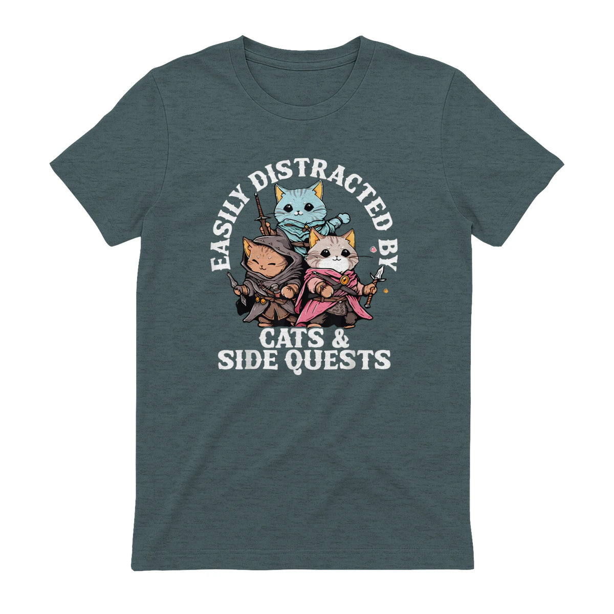 Cats Side Quest Funny Tabletop T-Shirt in Dark Heather - back view