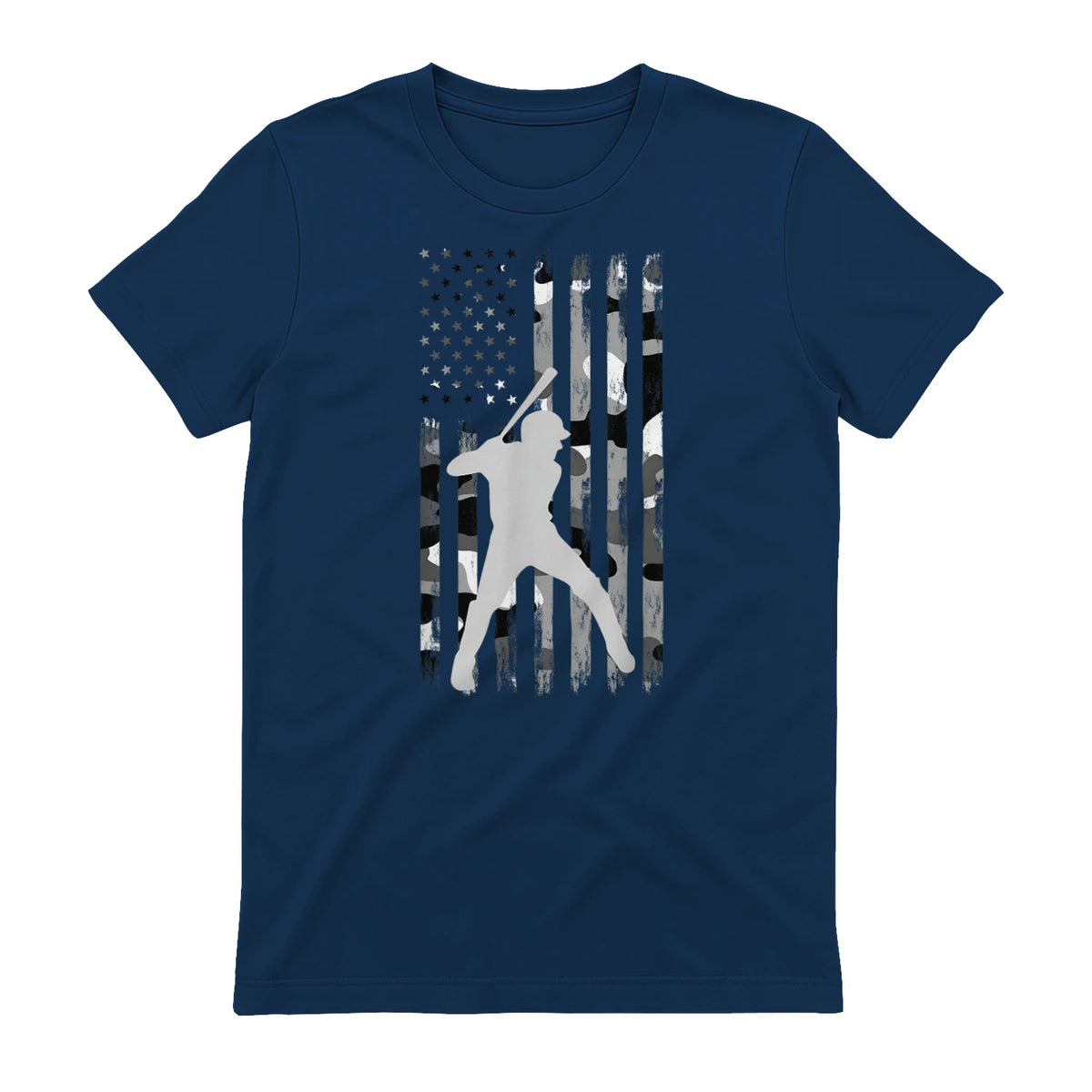 Baseball Player American Flag USA Camo Patriotic Graphic T-Shirt in Navy - back view