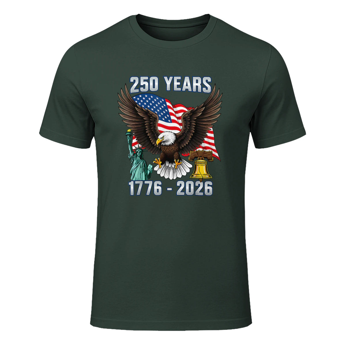 American Flag Fourth of July Anniversary T-Shirt in Forest Green - front view