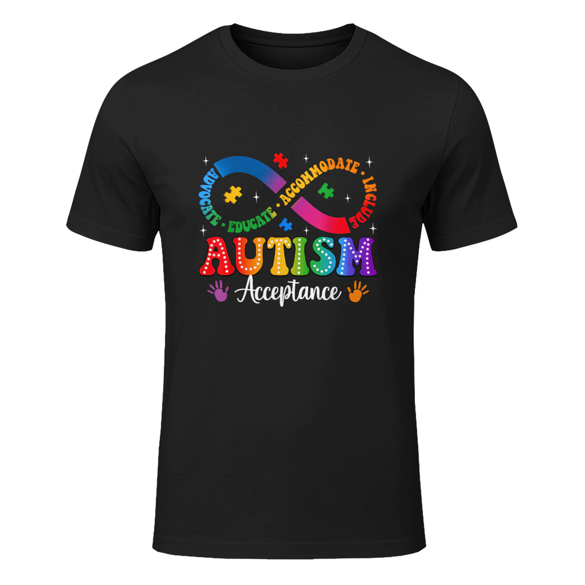 Autism Awareness Acceptance Shirt Infinity Symbol Men Women in Black - front view