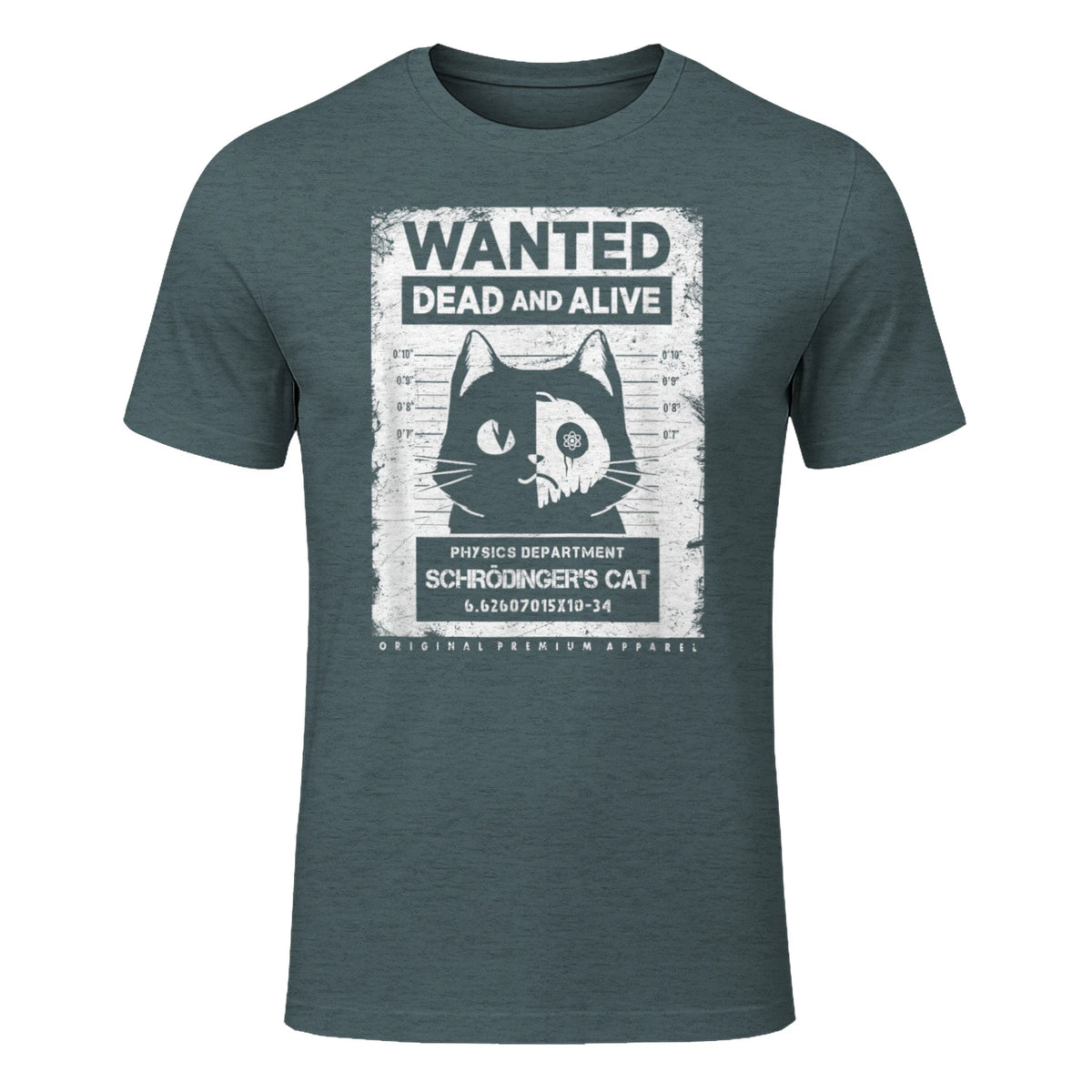 Schrödinger's Cat Wanted Dead And Alive Physics Physicist T-Shirt in Dark Heather - front view