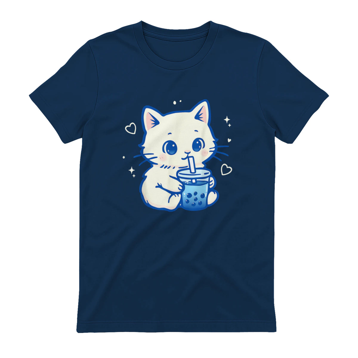 Kawaii Cat Boba Japanese Cute Aesthetic Anime Girls Teens T-Shirt in Navy - back view