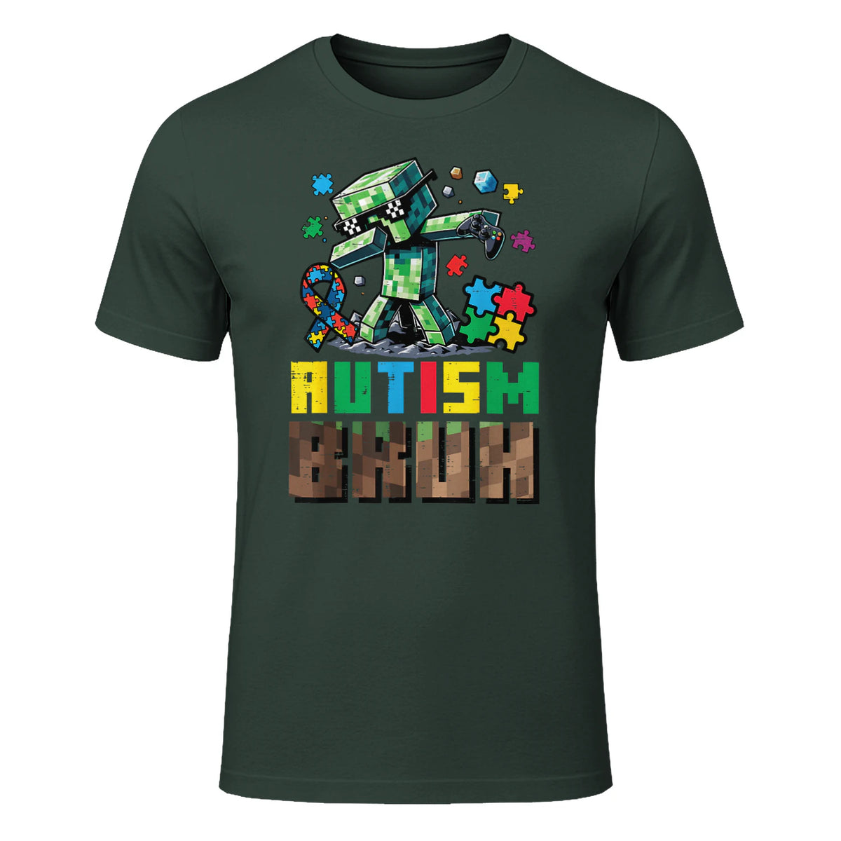 Autism Bruh Dab ASD Awareness Gamer Boys Kids Youth in Forest Green - front view