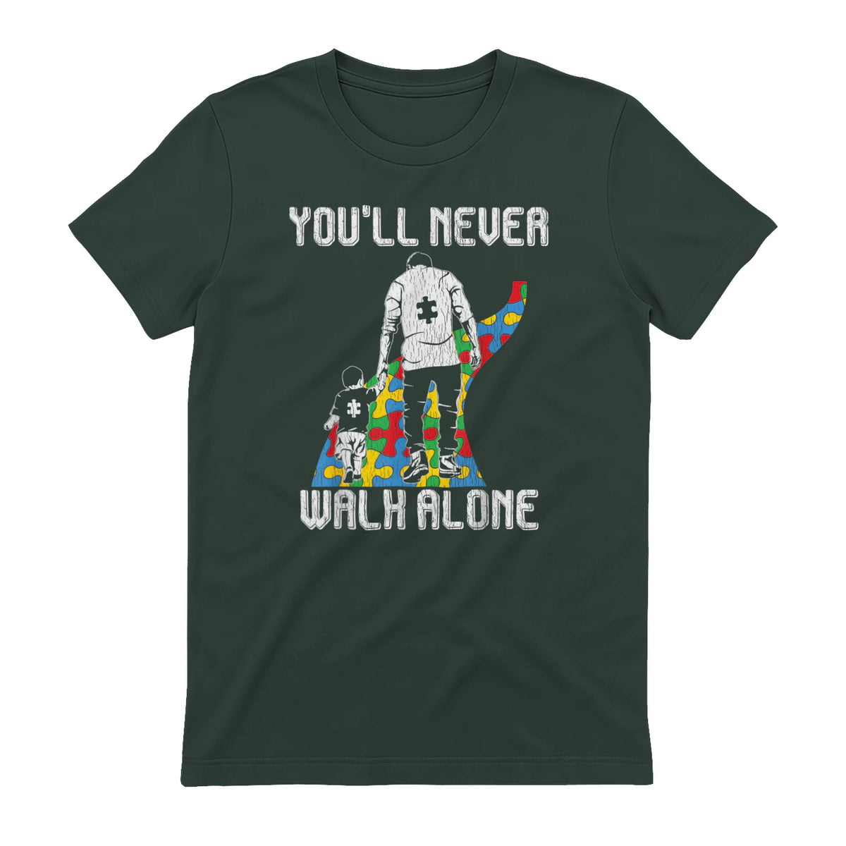 Vintage Father Son Family Autistic Kids Autism Awareness Dad in Forest Green - back view