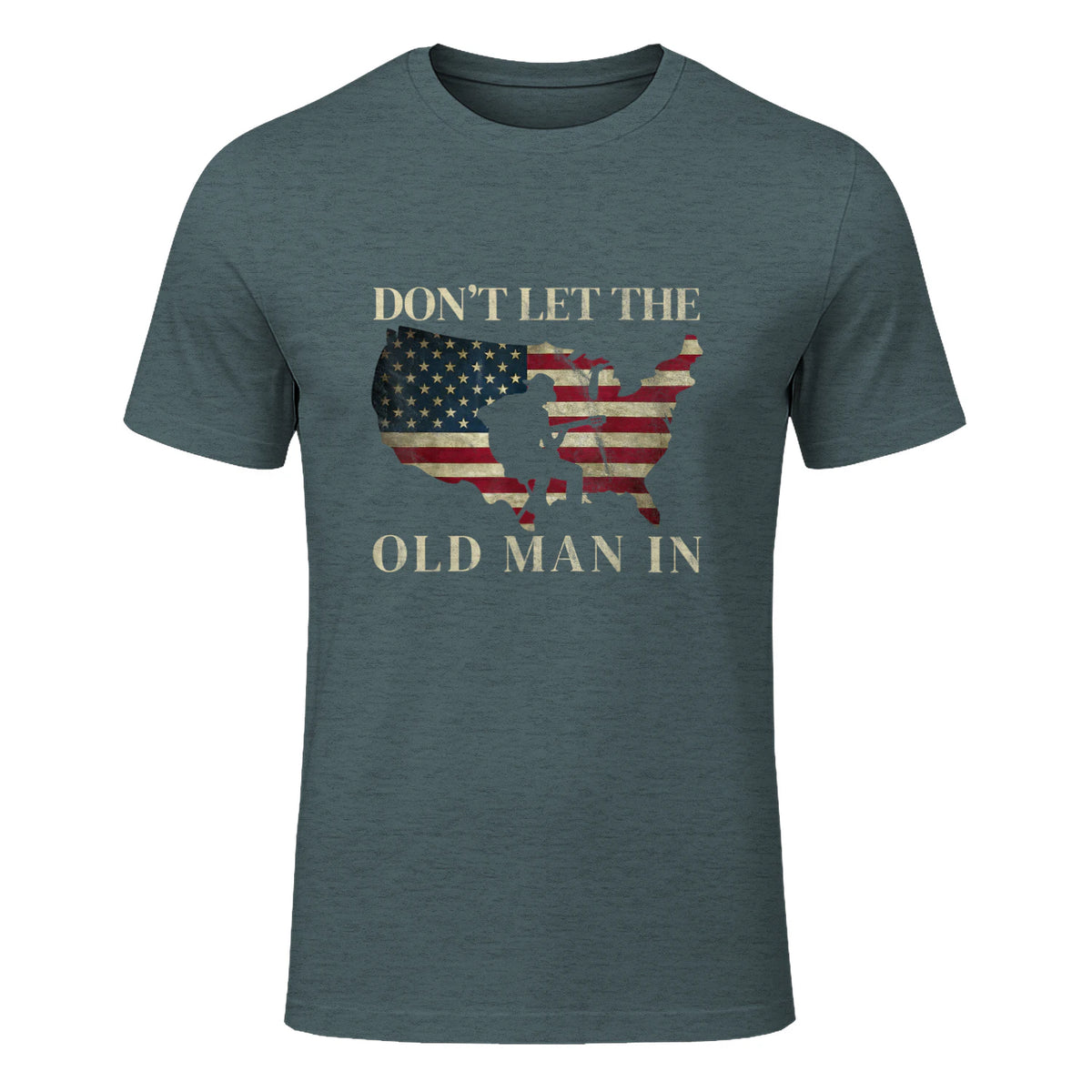Don't Let The Old Man in Vintage American Flag T-Shirt in Dark Heather - front view