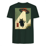 Vintage Japanische Katze Alien Cat Dad UFO Abduktion Graphic Tee T-Shirt in Forest Green - back view