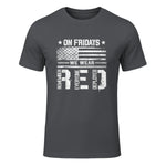 On Friday We Wear Red American Flag Military Supportive T-Shirt in Charcoal - front view
