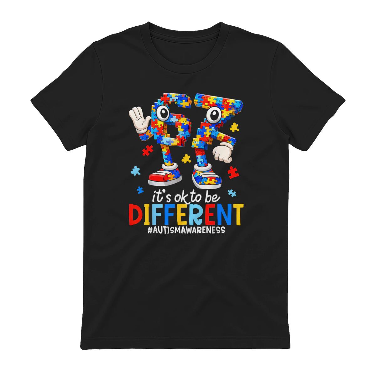 Autism Awareness Six Seven It's OK to Be Different T-Shirt in Black - back view