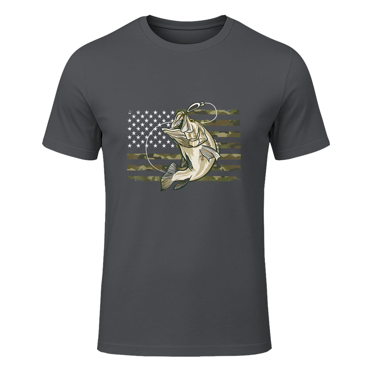Fishing Camouflage US American Flag Bass Fish Fisherman Camo T-Shirt in Charcoal - front view