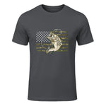 Fishing Camouflage US American Flag Bass Fish Fisherman Camo T-Shirt in Charcoal - front view