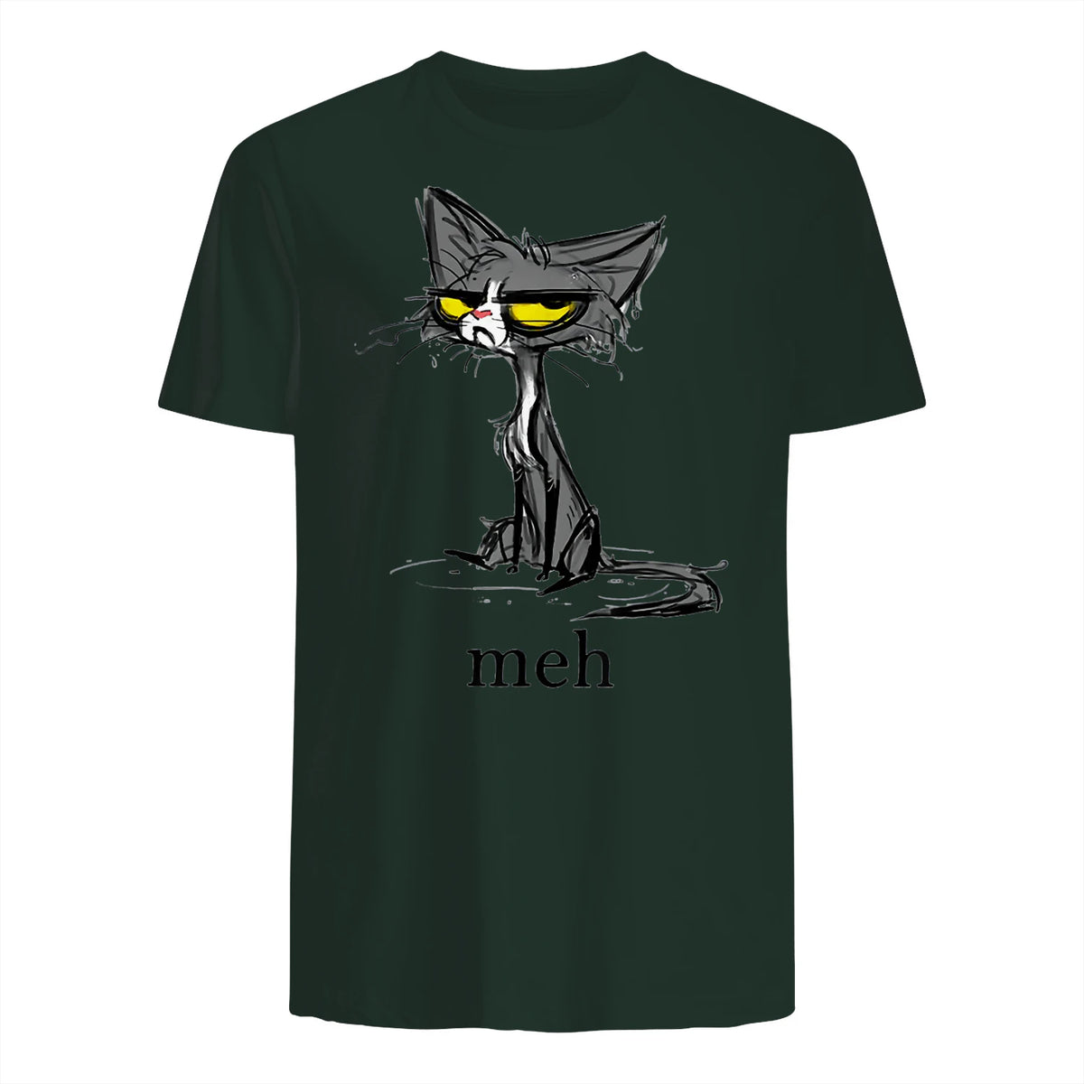 Funny Meh Cat Gift for Cat Lovers in Forest Green - back view