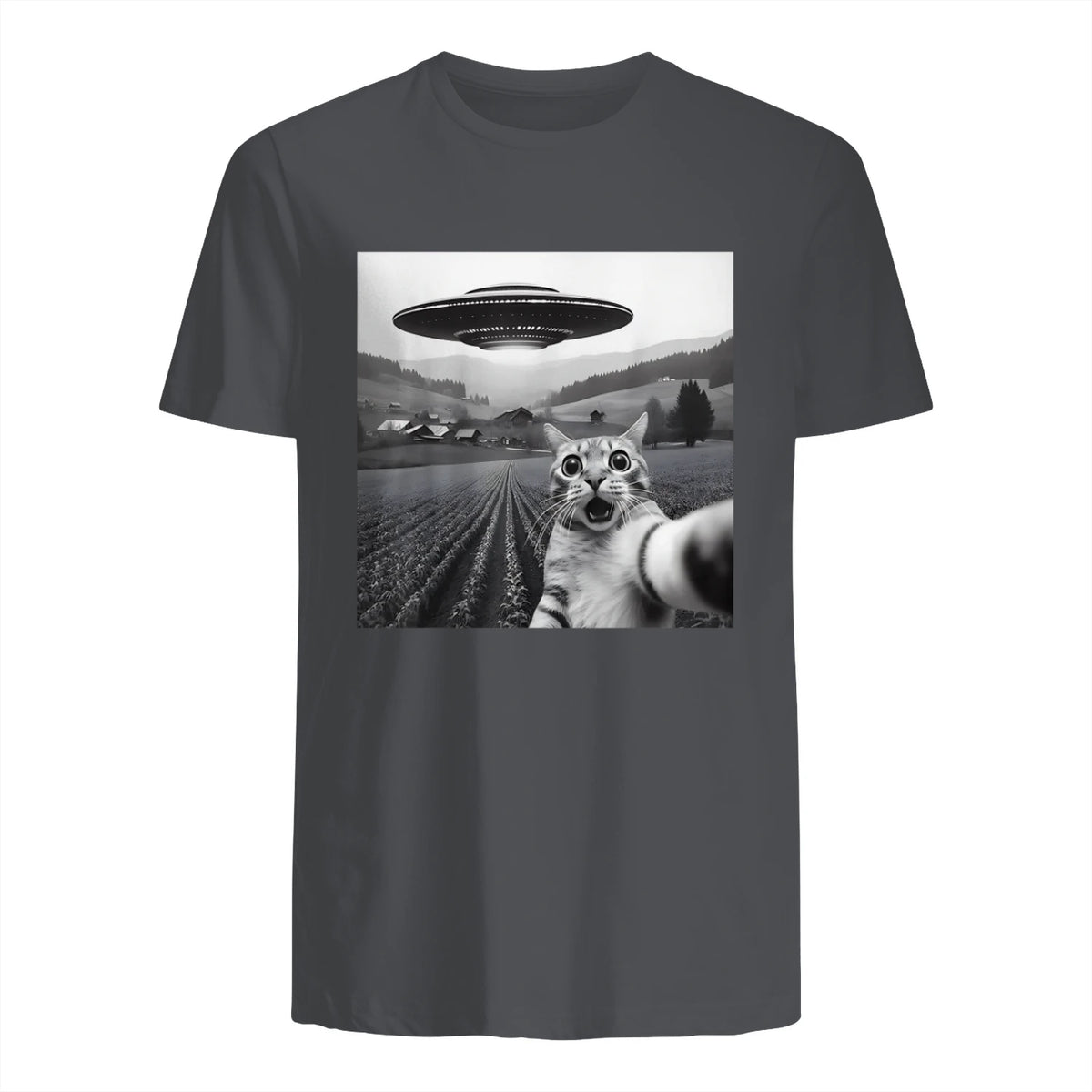 Cat Selfie With Alien UFO Funny Cat Gifts For Men Women Kid T-Shirt in Charcoal - back view
