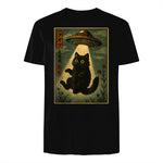Vintage Japanese Cat Alien Cat Mom UFO Abduction Graphic T-Shirt in Black - back view
