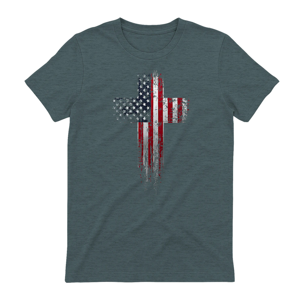 American USA Flag Christian Cross T-Shirt in Dark Heather - back view