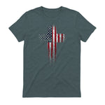 American USA Flag Christian Cross T-Shirt in Dark Heather - back view