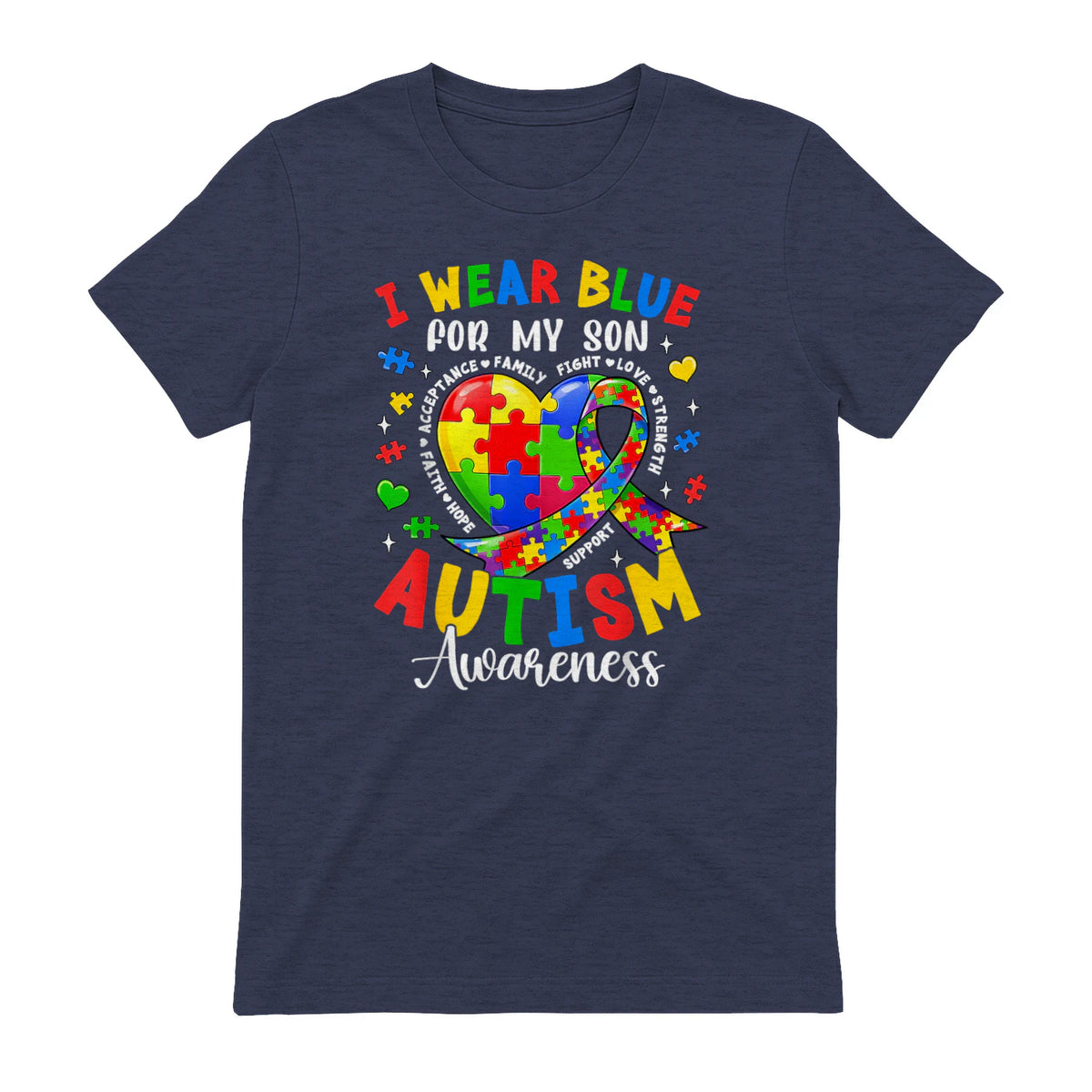 I Wear Blue for My Son Autism Awareness for Women Autism Mom in Heather Navy - back view