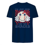 Retro Baseball Sister I'm Just Here for The Snacks Girls Mom T-Shirt in Navy - back view