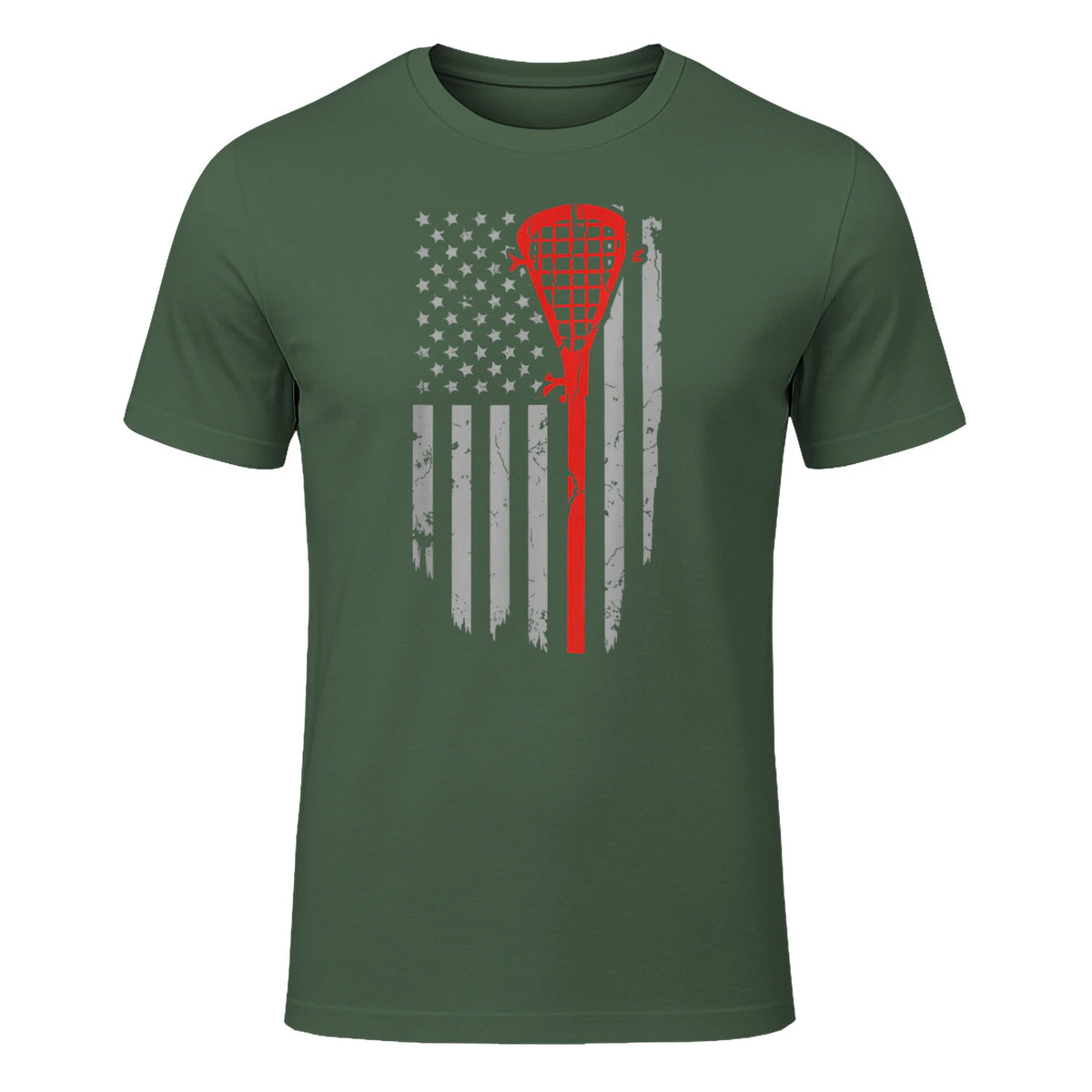 Vintage American Flag Lacrosse Youth Apparel, Boys Men USA T-Shirt in Military Green - front view