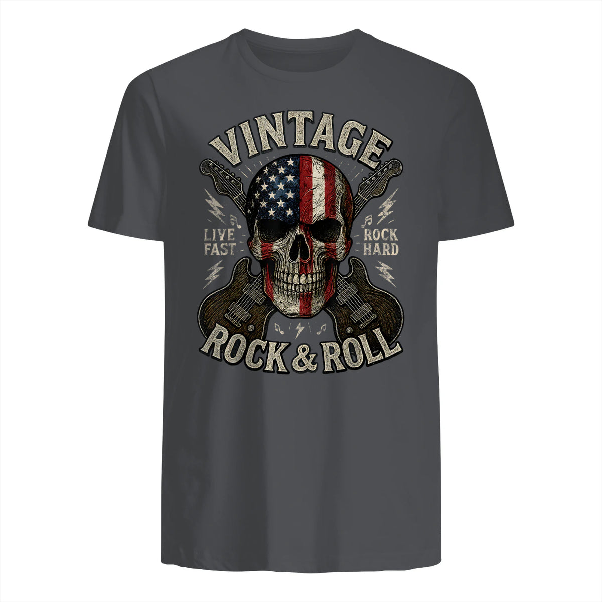 Vintage Rock Skull American Flag Guitar Retro Rock and Roll T-Shirt in Charcoal - back view