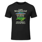 Flat Earth Society T Shirt Turtle Elephants Men Women Gift in Black - front view