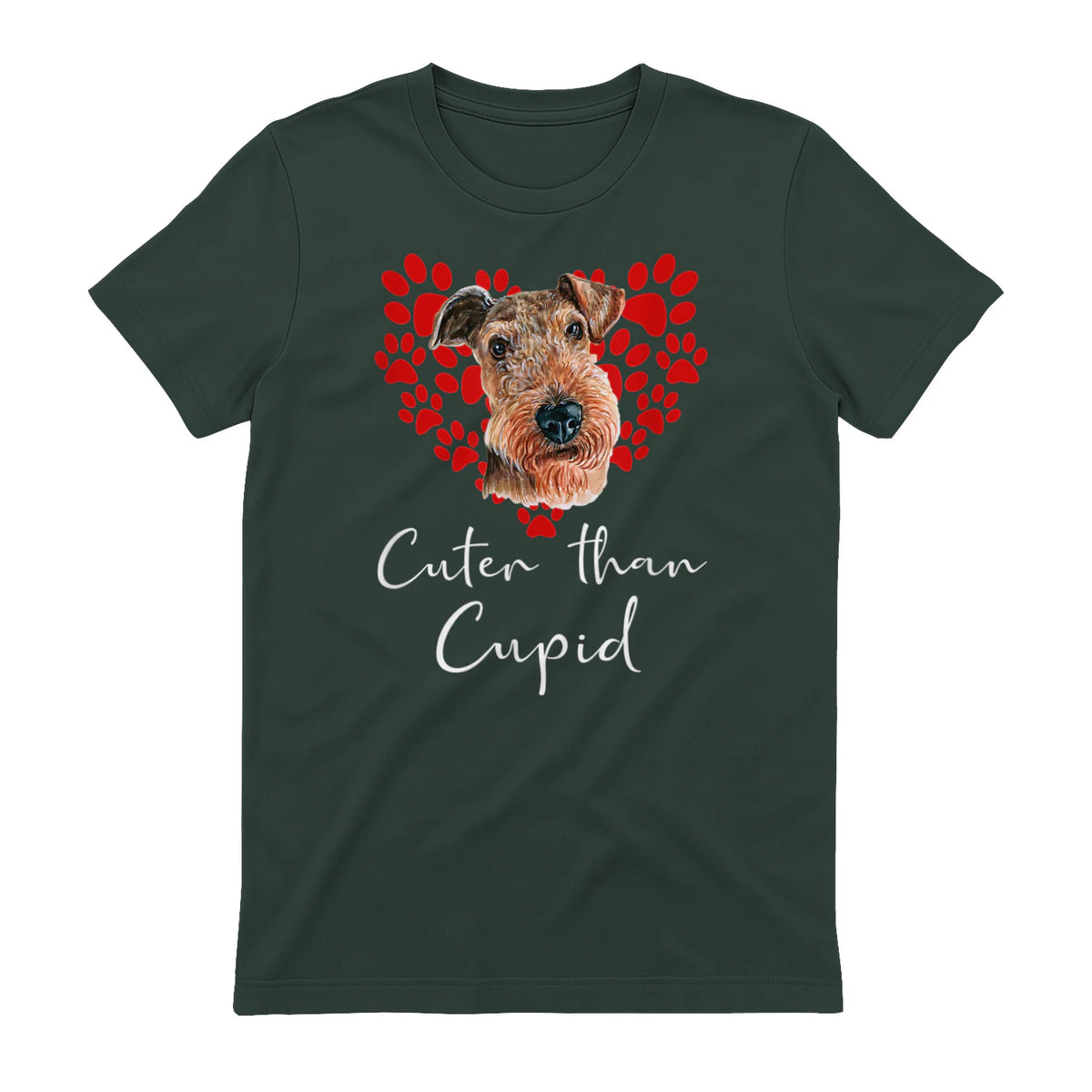 AIREDALE TERRIER Cuter Than Cupid Disant Saint Valentin in Forest Green - back view