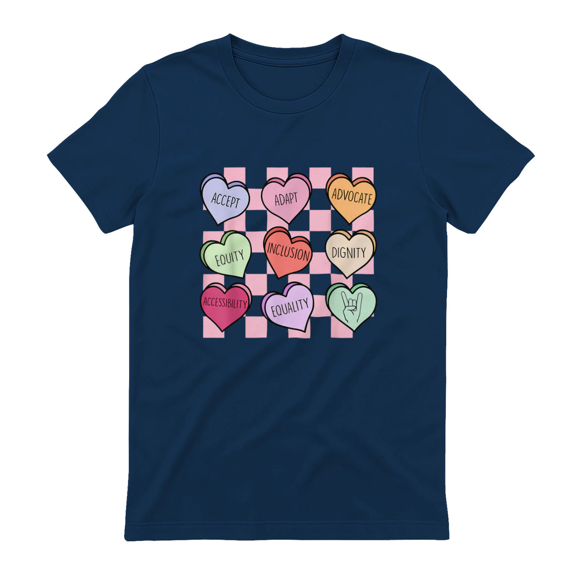 Special Education Teacher Candy Heart Valentines Day Love T-Shirt in Navy - back view