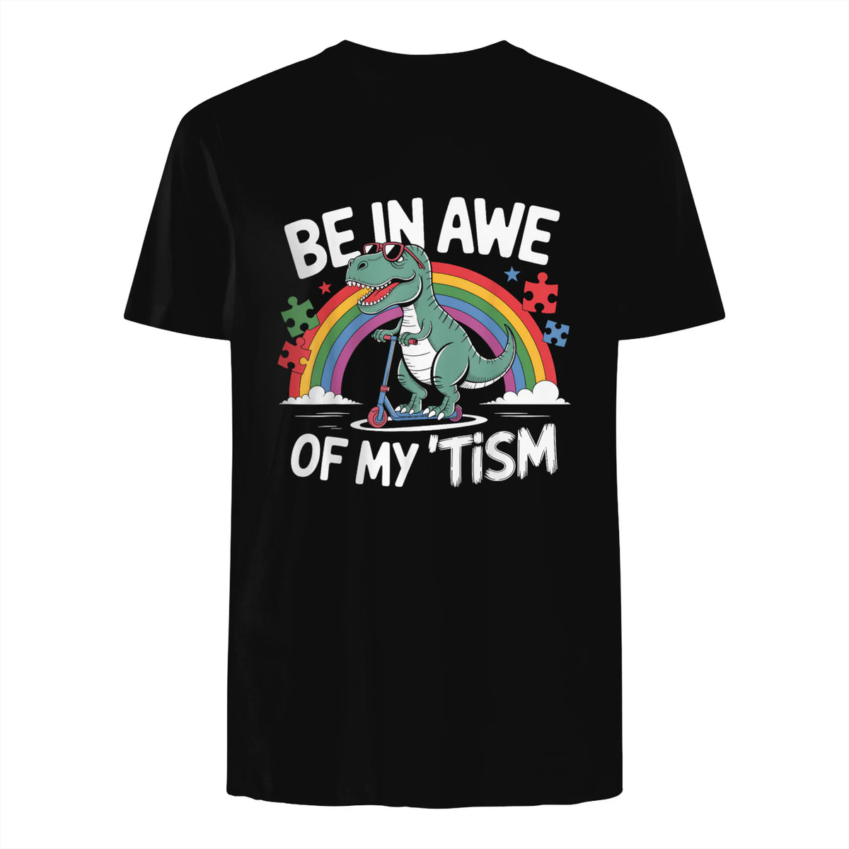 Trex Dinosaur Autism Awareness Be in Awe of My Tism Kids in Black - back view