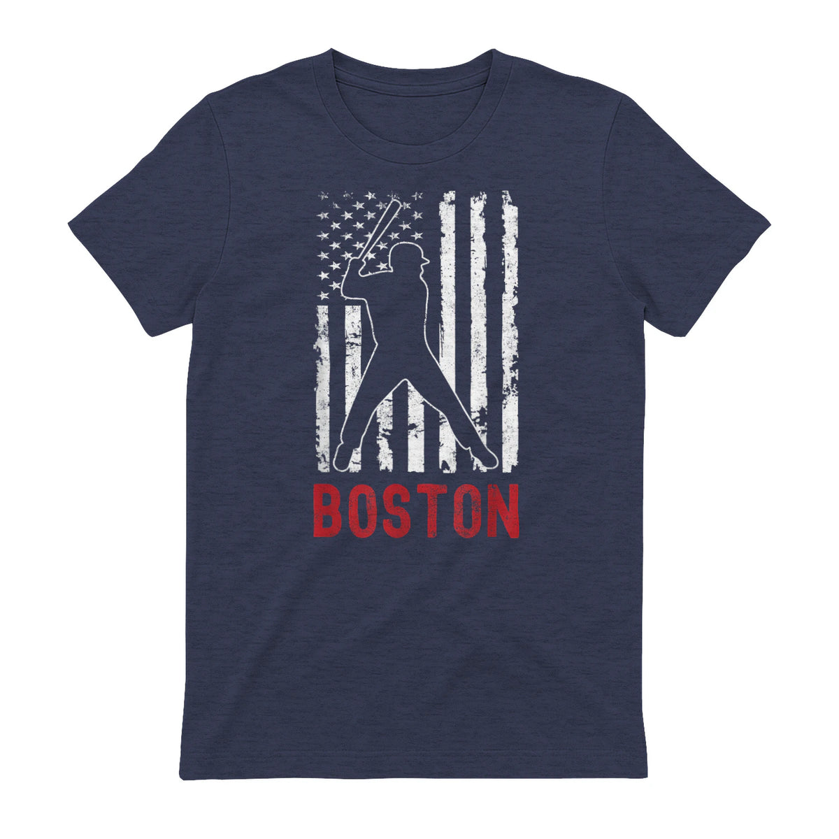 Boston Massachusetts American Flag Baseball Weathered T-Shirt in Heather Navy - back view