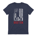 Boston Massachusetts American Flag Baseball Weathered T-Shirt in Heather Navy - back view