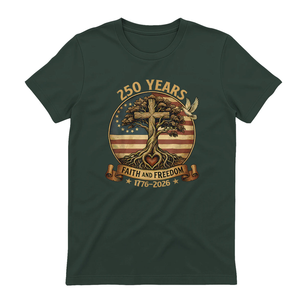 Faith and Freedom Christian USA Anniversary T-Shirt in Forest Green - back view