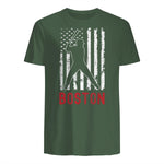 Boston Massachusetts American Flag Baseball Weathered T-Shirt in Military Green - back view
