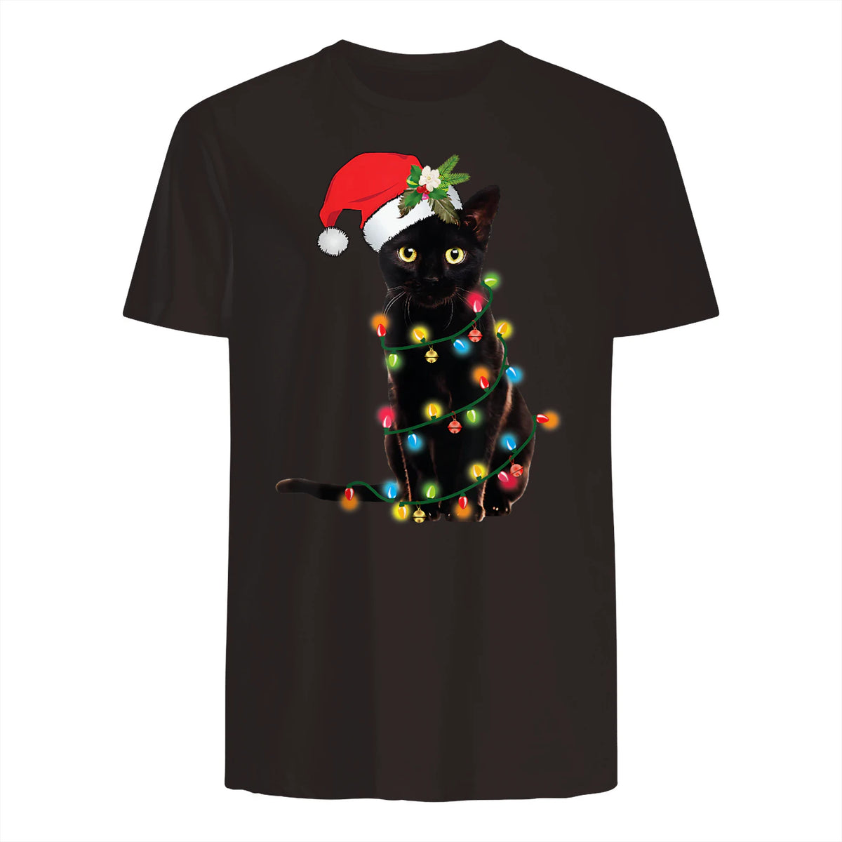 Santa Black Cat Tangled Up In Christmas Tree Lights Holiday in Dark Chocolate - back view