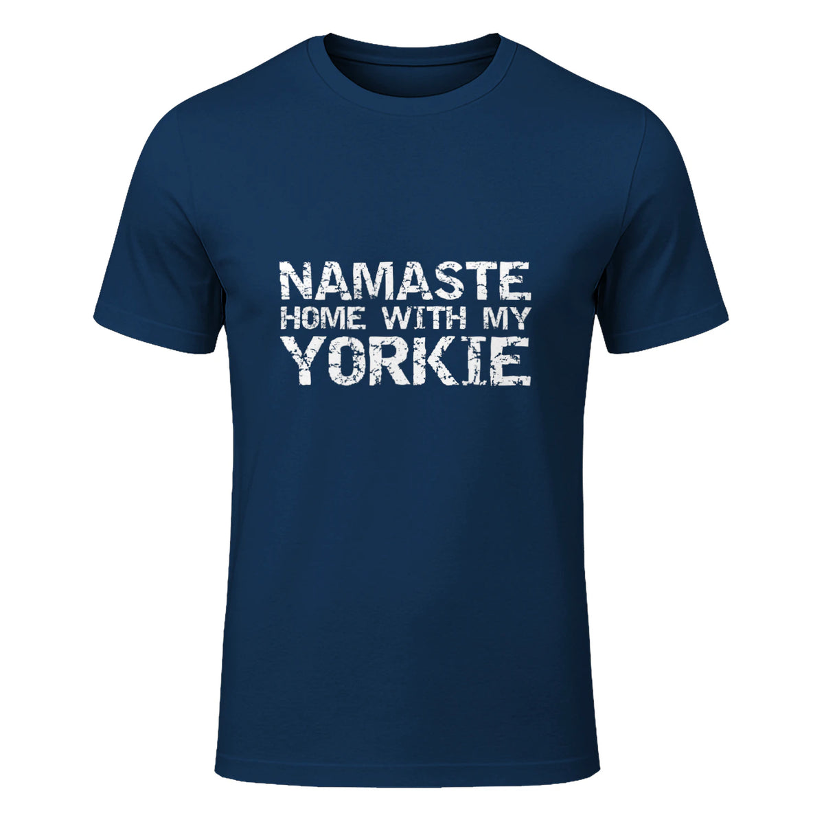 Funny Yoga Pun Introvert Saying Namaste Home with My Yorkie in Navy - front view