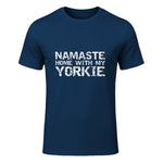 Funny Yoga Pun Introvert Saying Namaste Home with My Yorkie in Navy - front view