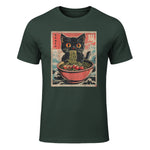 Unisex Anime Cat Ramen Japanese Funny Graphic Tees Kawaii Cat Anime Gifts T-Shirt Black XS in Forest Green - front view