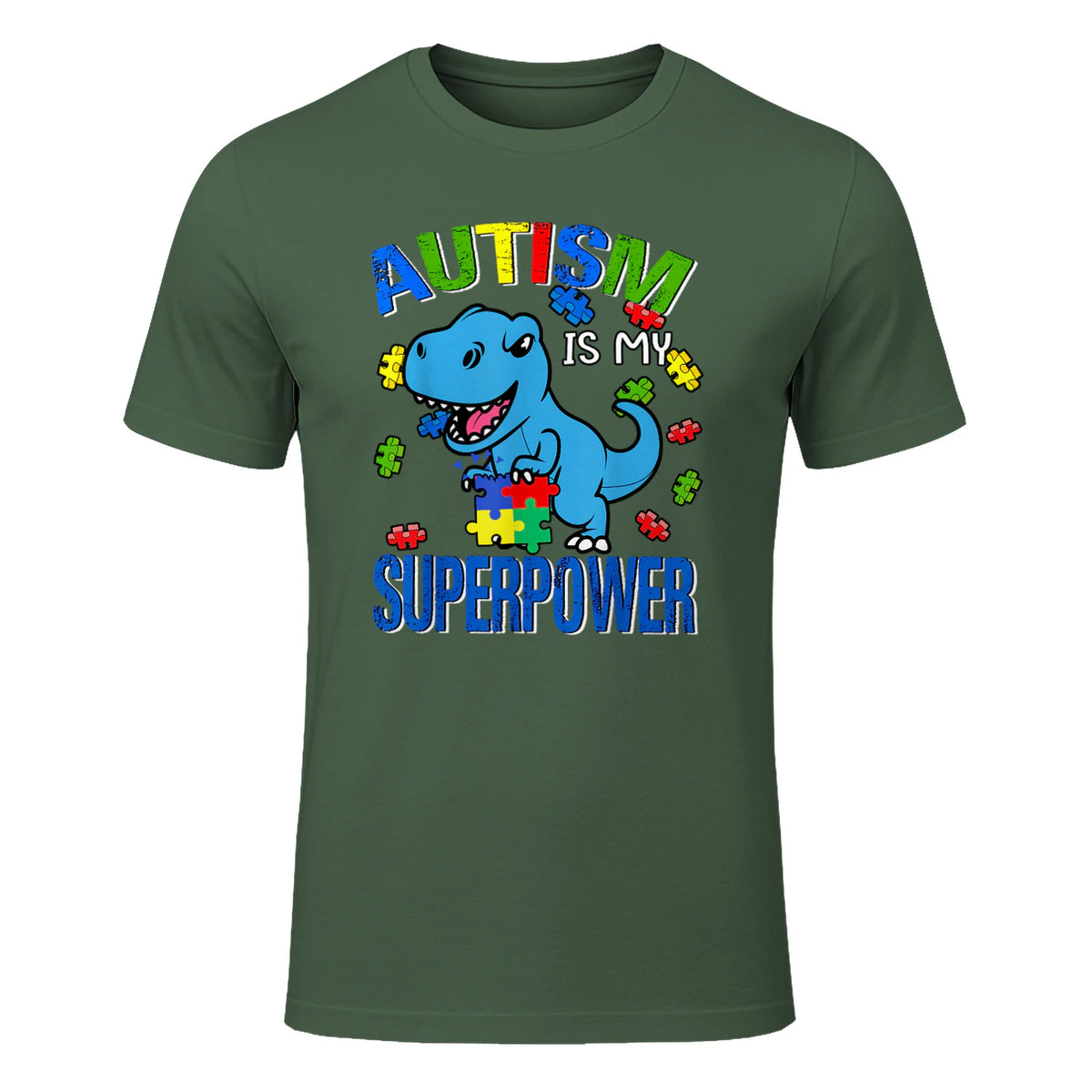 Kids Autism Awareness is My Superpower Boys in Military Green - front view