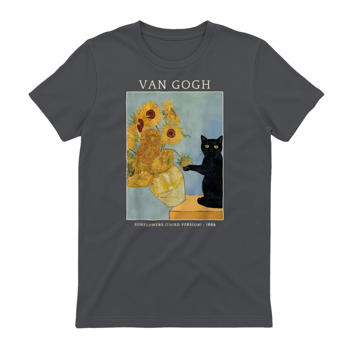 Funny Cat & Sunflowers Van Gogh Art Parody Vintage T-Shirt in Charcoal - back view