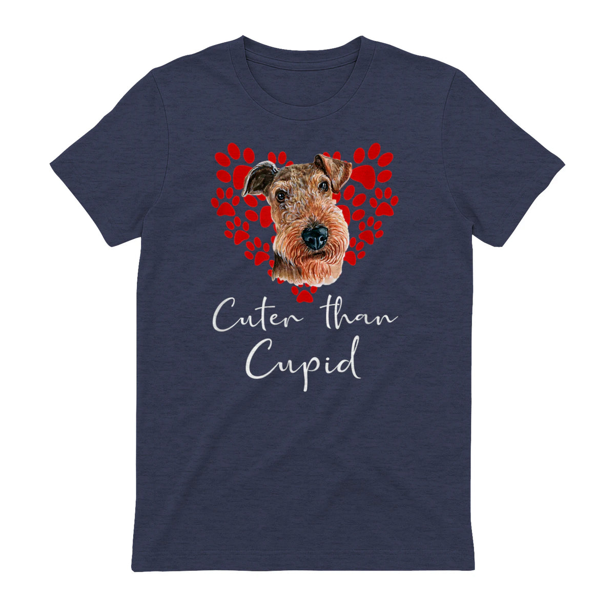AIREDALE TERRIER Cuter Than Cupid Disant Saint Valentin in Heather Navy - back view